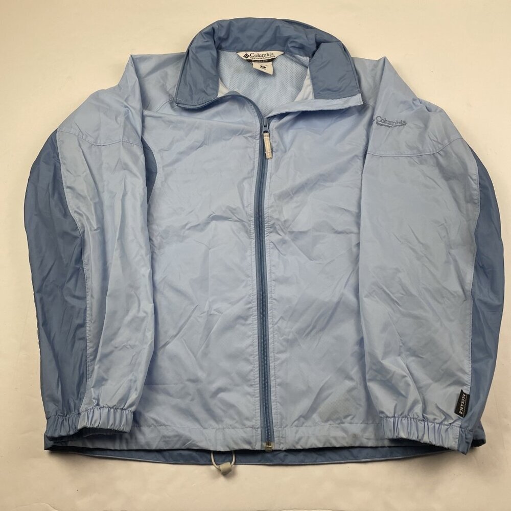 Columbia Hooded Packable Windbreaker Jacket Women’s M Blue Nylon Lightweight